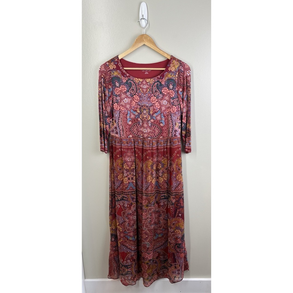 Soft Surroundings Womens XS Niran Maxi Dress 3/4 Sleeve Boho Chiffon Red Paisley